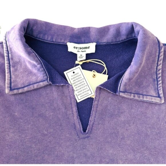 ee:some Size Med Purple/Yellow French Terry V-Neck Collared Long Sleeve Pullover - Picture 4 of 8